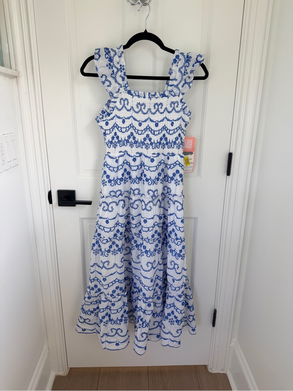Brand new Girls White Dress with Blue Embroidery - Smocked Bodice
